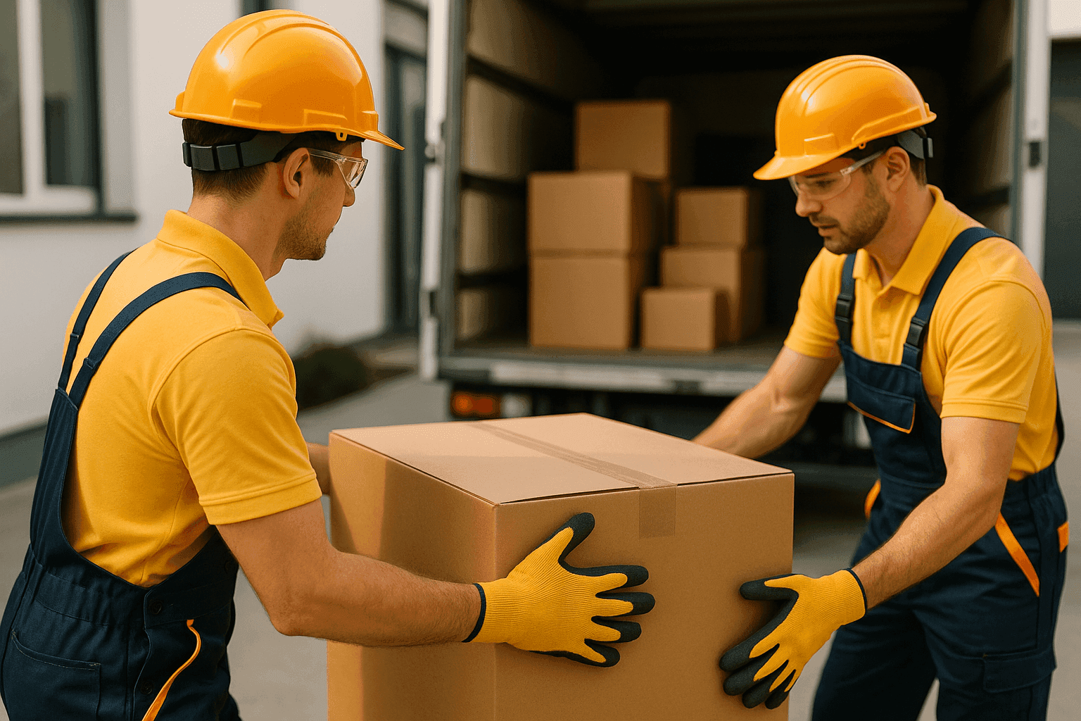 Two professional movers wearing gloves, goggles, and helmets carefully handling a large sealed box near a clean moving truck.